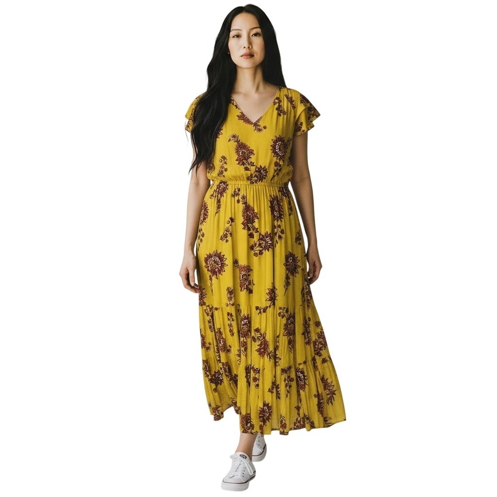 Old Navy Womens S Tall Mustard Yellow Floral Paisley Flutter Sleeve Maxi Dress‎